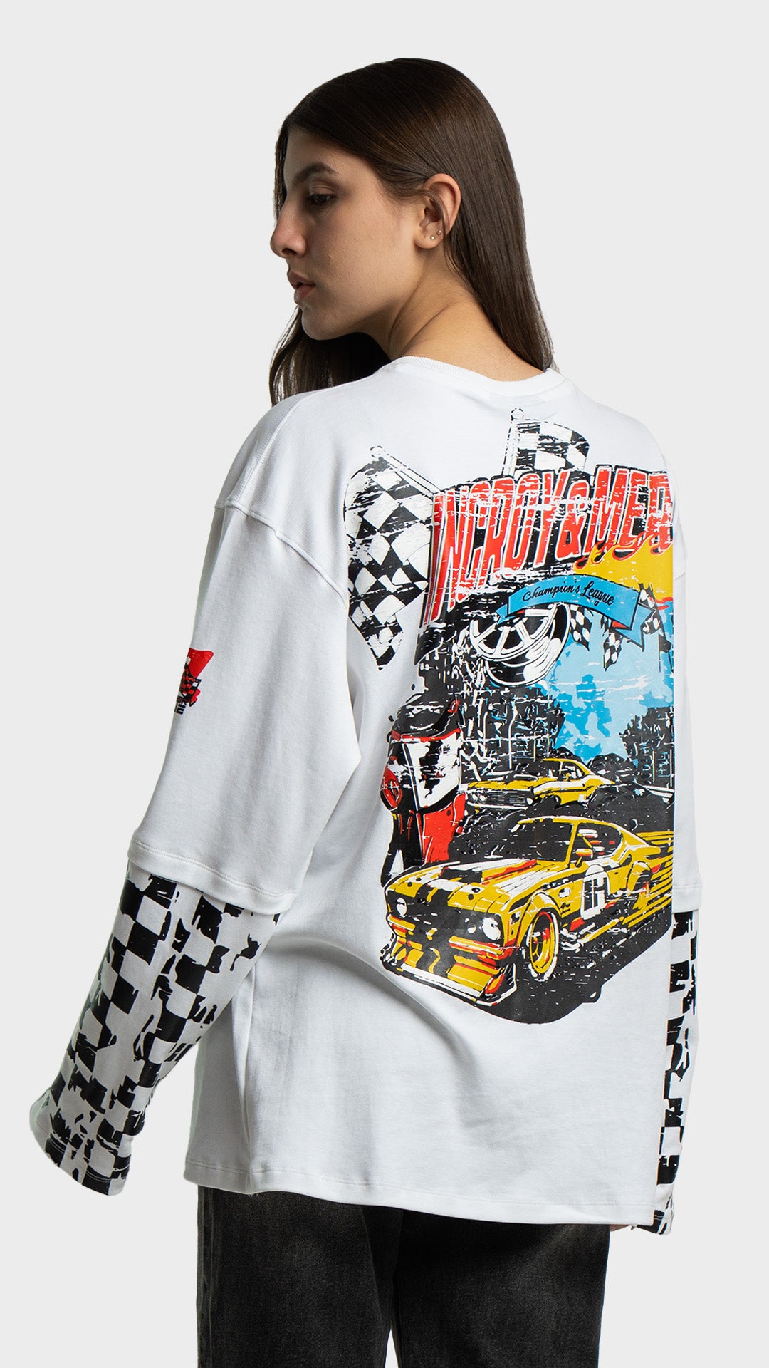 Retro yellow race car graphic on the back of an Incroy & Merv streetwear t-shirt.