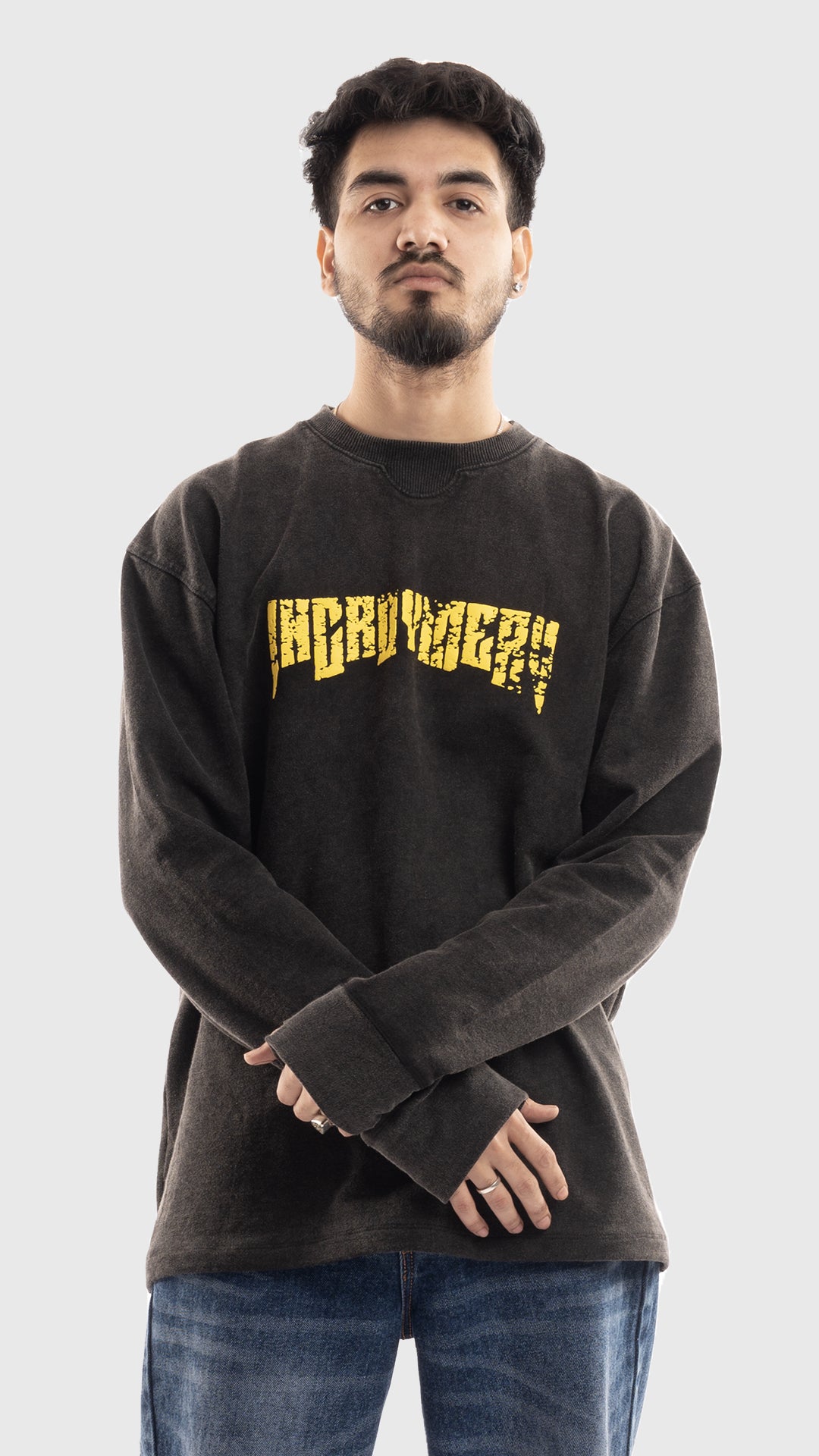 Incroy & Merv men's Streetwise long sleeve streetwear t-shirt in washed charcoal with front yellow text graphic.