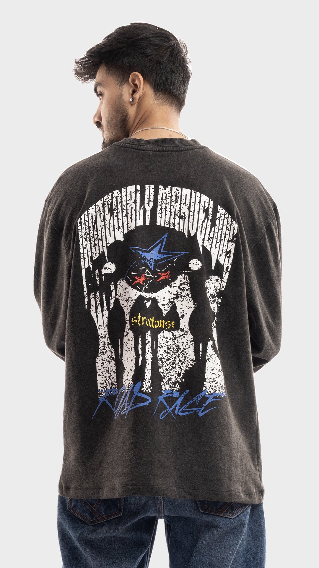 Detailed back graphic print on Incroy & Merv Streetwise oversized long sleeve dark grey tee.