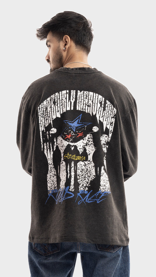 Detailed back graphic print on Incroy & Merv Streetwise oversized long sleeve dark grey tee.