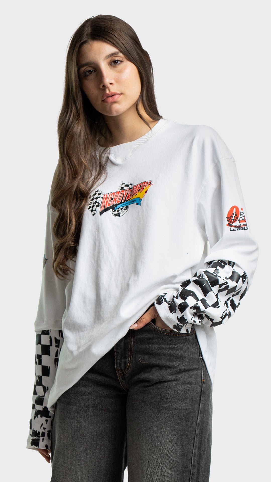 Layered look white long sleeve racing t-shirt by Incroy & Merv.