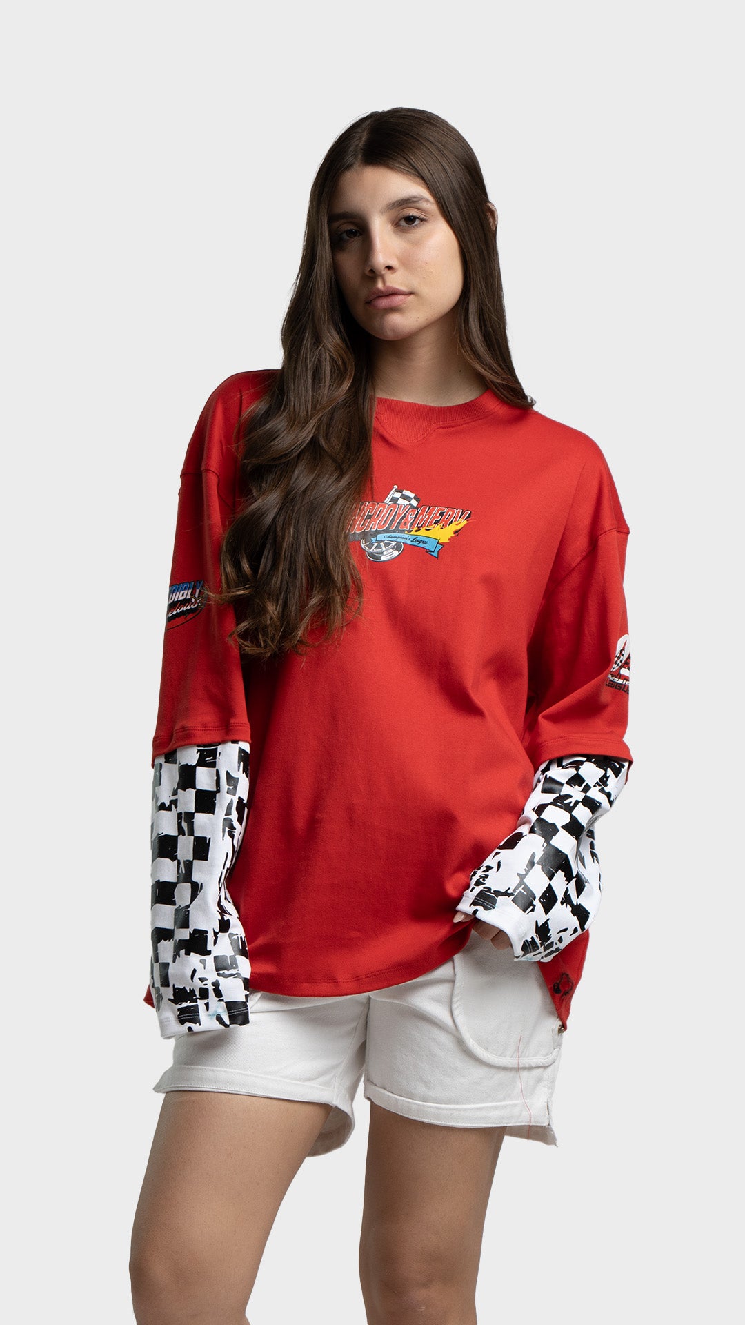 Incroy & Merv women's red oversized racing graphic t-shirt with checkered long sleeves.