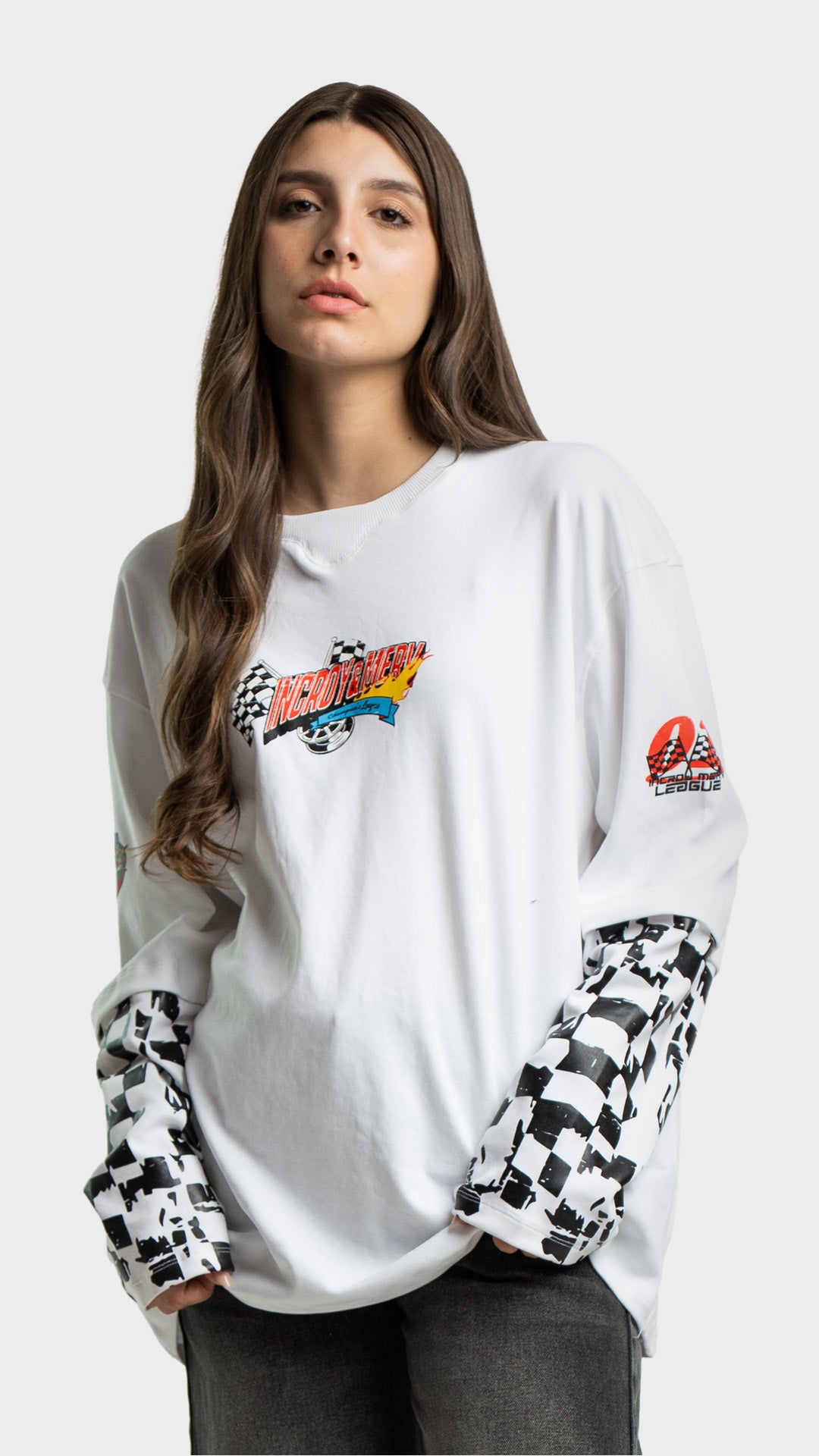 Incroy & Merv women's white oversized racing graphic t-shirt with checkered long sleeves.