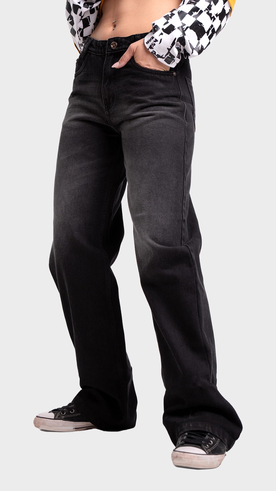 Straight back pockets and fit perspective of Incroy & Merv women's relaxed fit streetwear jeans.