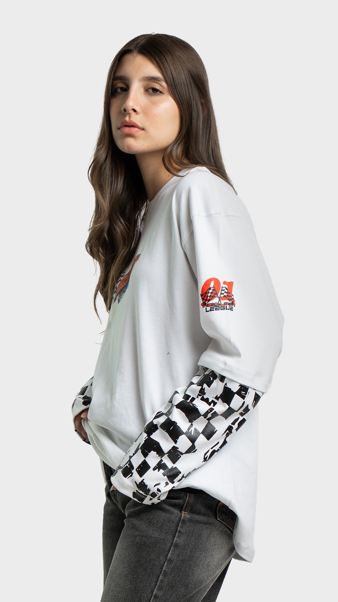 Side view of Incroy & Merv women's white racing graphic tee.