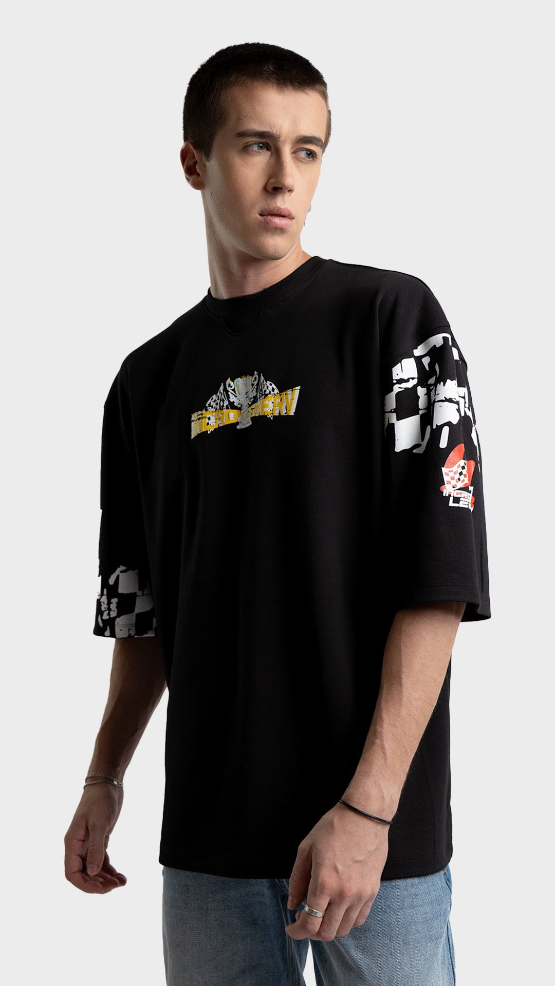 Mediumweight black streetwear t-shirt. Incroy & Merv oversized drop-shoulder summer tee with checkered sleeve prints.