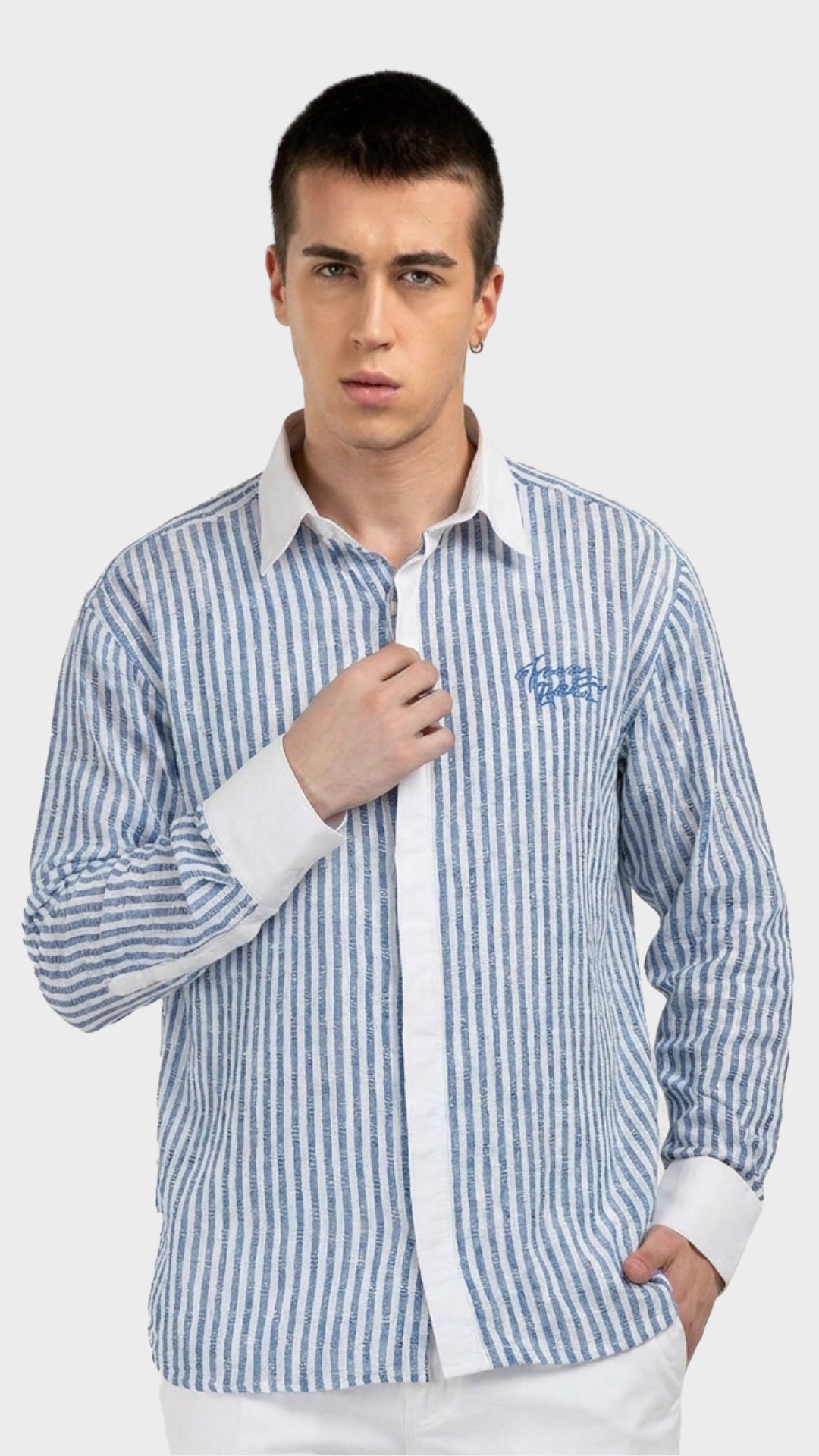 Front view of a men's blue and white striped dobby shirt with a white collar.
