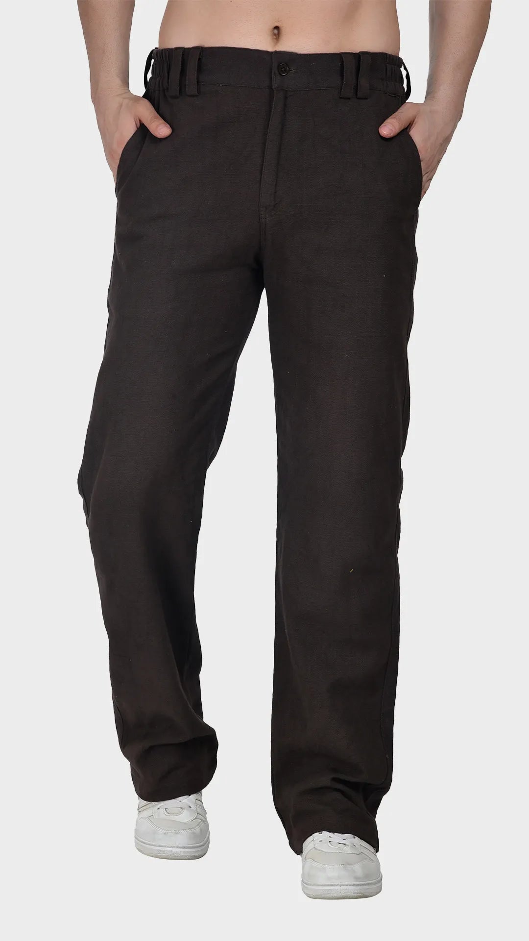 Front view of men's dark brown slub fabric pants with side pockets.