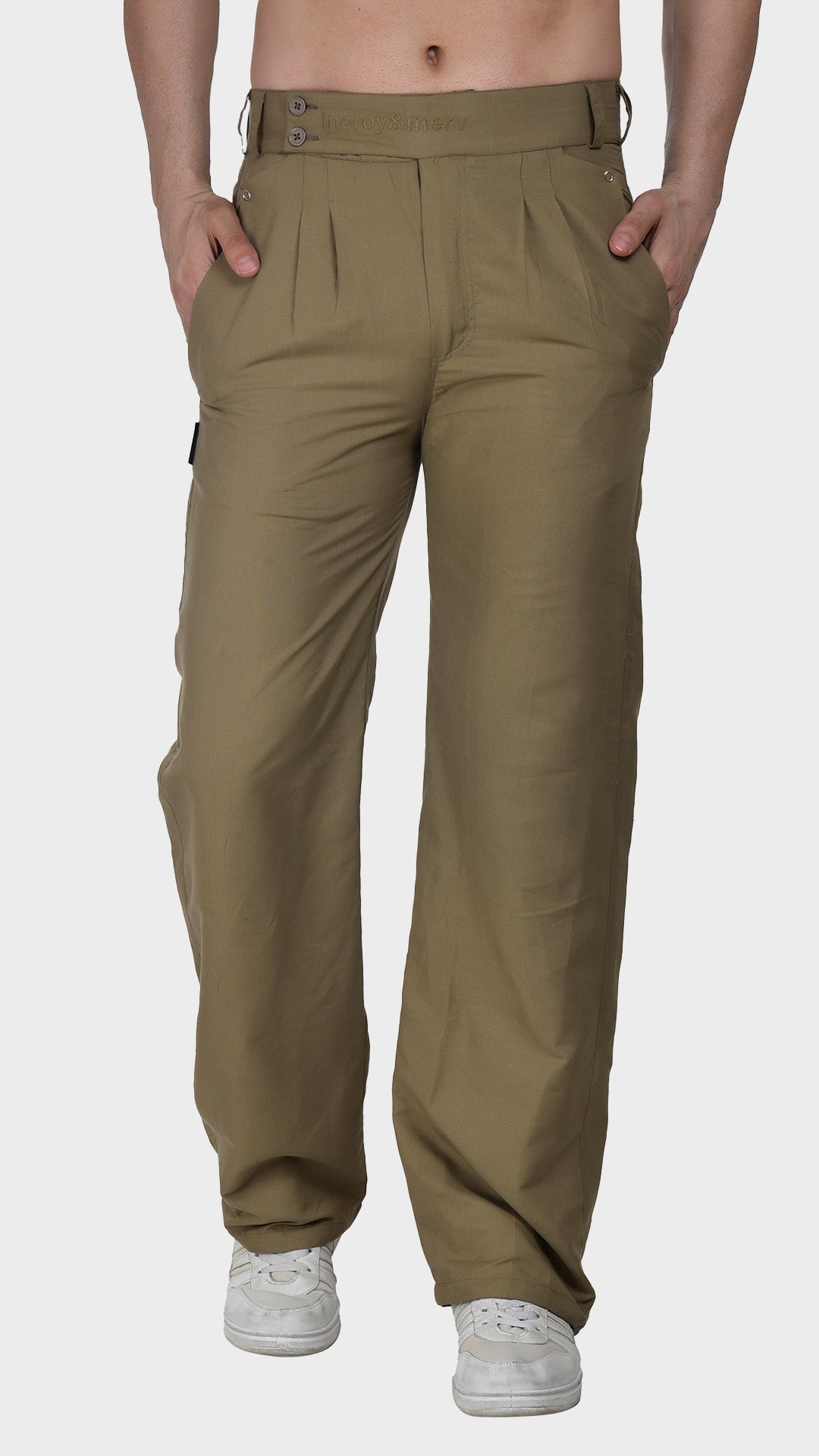 Front view of men's khaki trousers made from textured cotton Oxford fabric, featuring double pleats, side slash pockets, and a wide waistband.