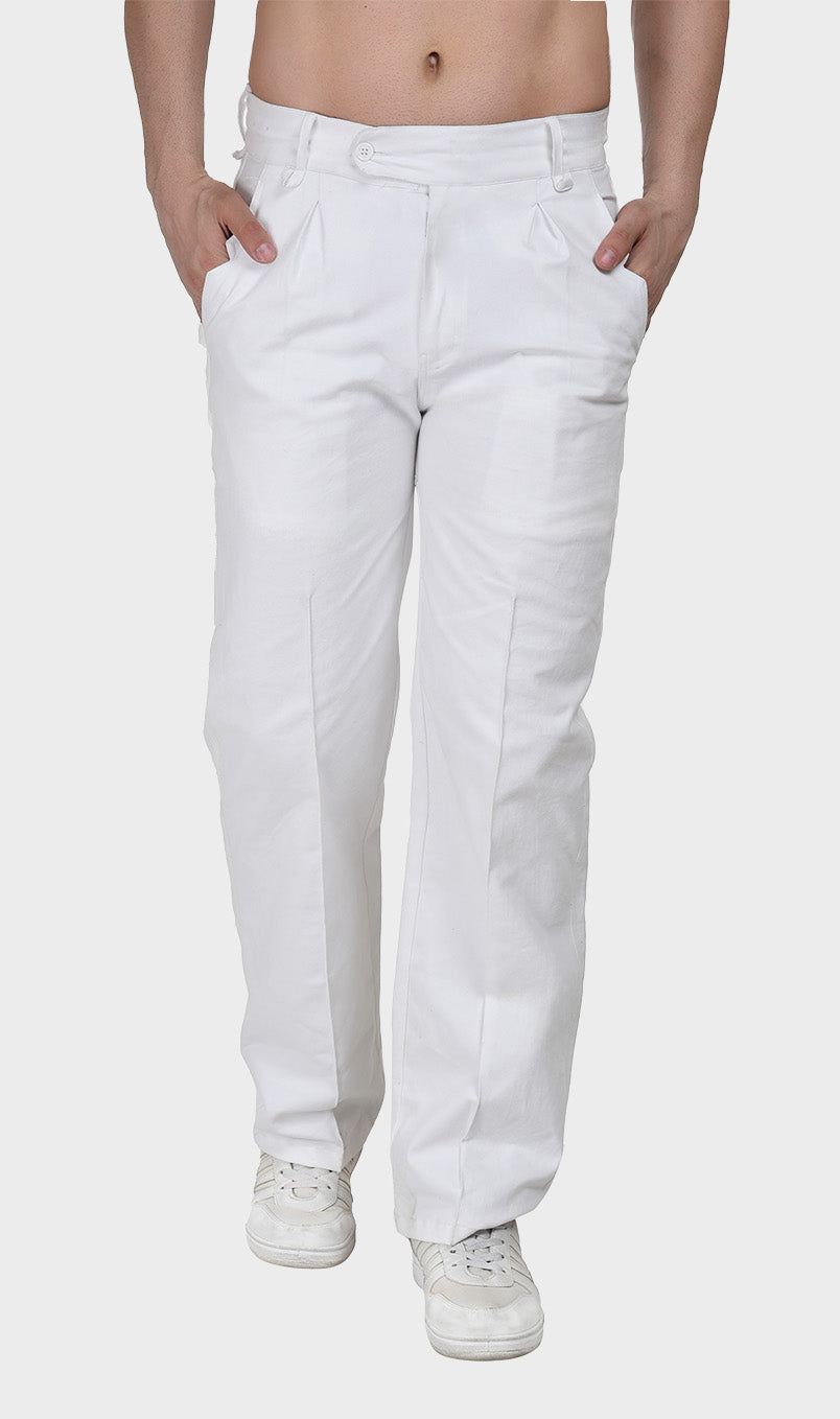 Front view of men's white trousers crafted from heavy 13 oz cotton drill fabric, featuring double front pleats and side slash pockets.