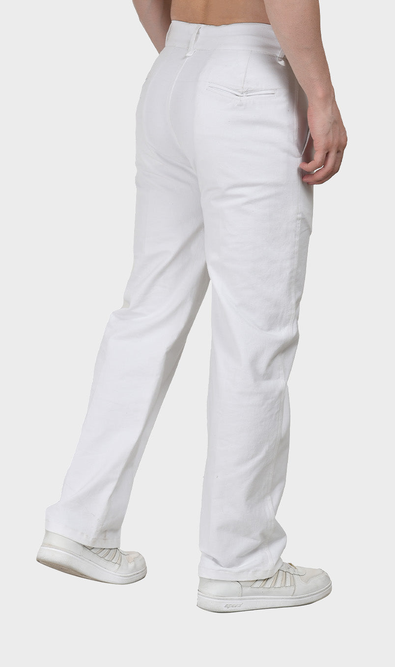 Back three-quarter view showing the tailored rear fit and welt back pocket on men's white 13 oz cotton drill trousers.
