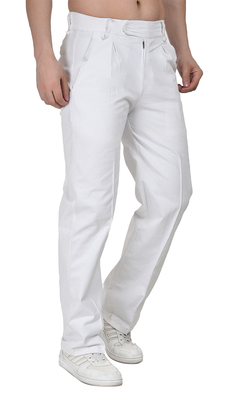 Three-quarter front view of men's white heavy 13 oz cotton drill pants showcasing crisp front leg creases and a relaxed straight fit.