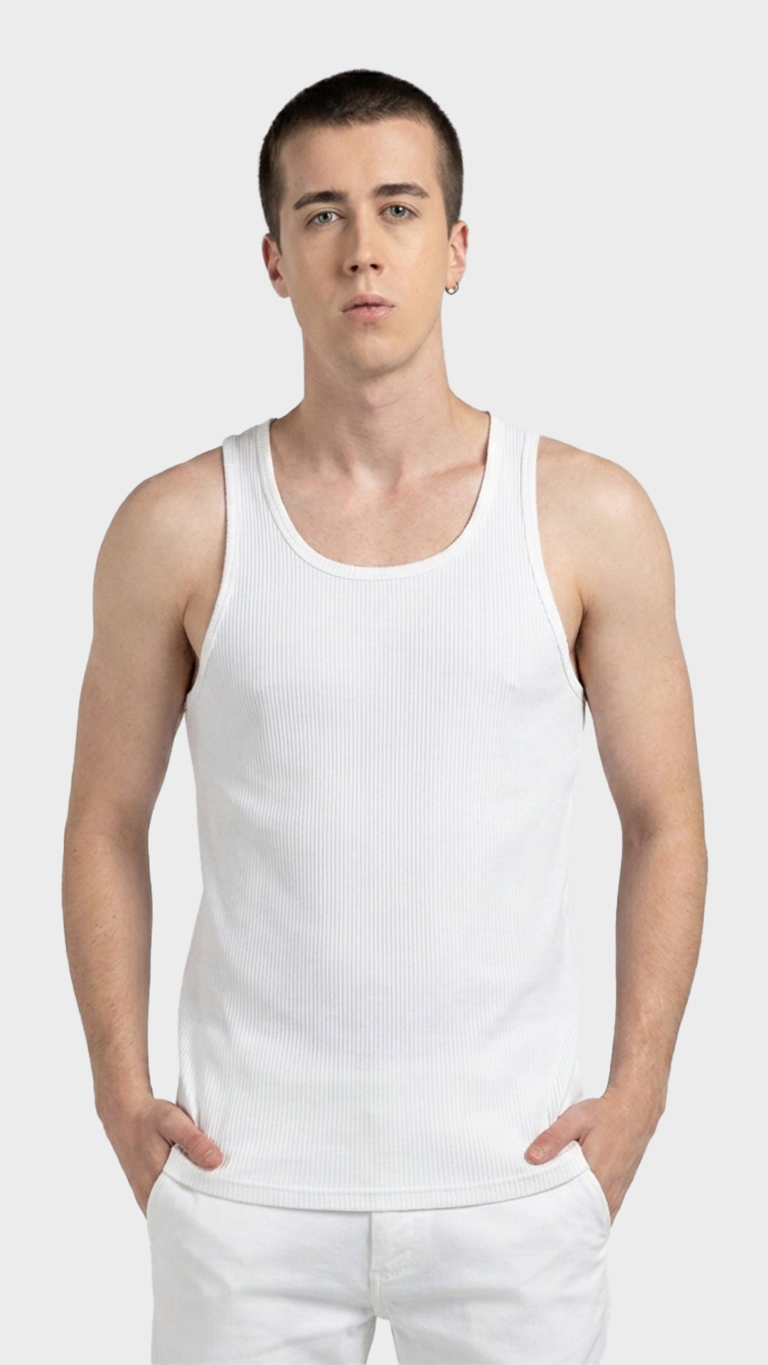 Front view of a men's white ribbed vest made from parker fabric.