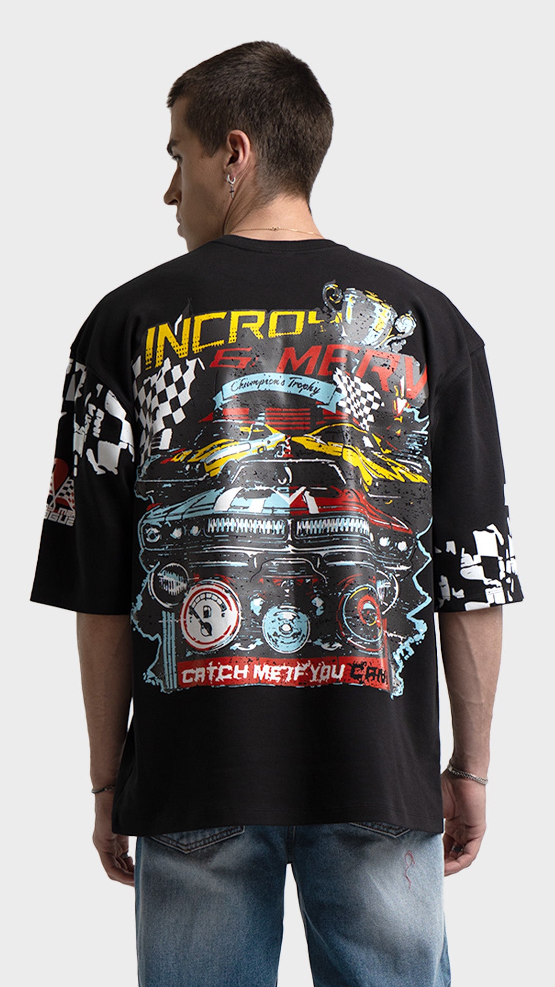 Racing graphic t-shirt with back print. Incroy & Merv mediumweight black summer tee featuring a vintage race car graphic.