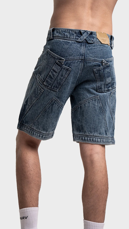 Back view of men's blue acid wash jean shorts showing pockets and fit.