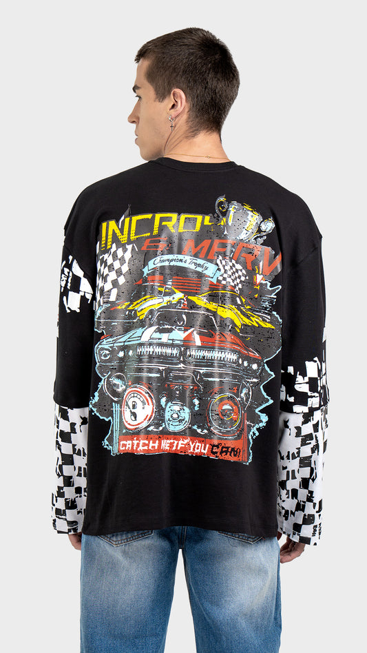 Long sleeve racing graphic tee with back print. Incroy & Merv black mediumweight summer streetwear top featuring a bold vintage race car graphic.