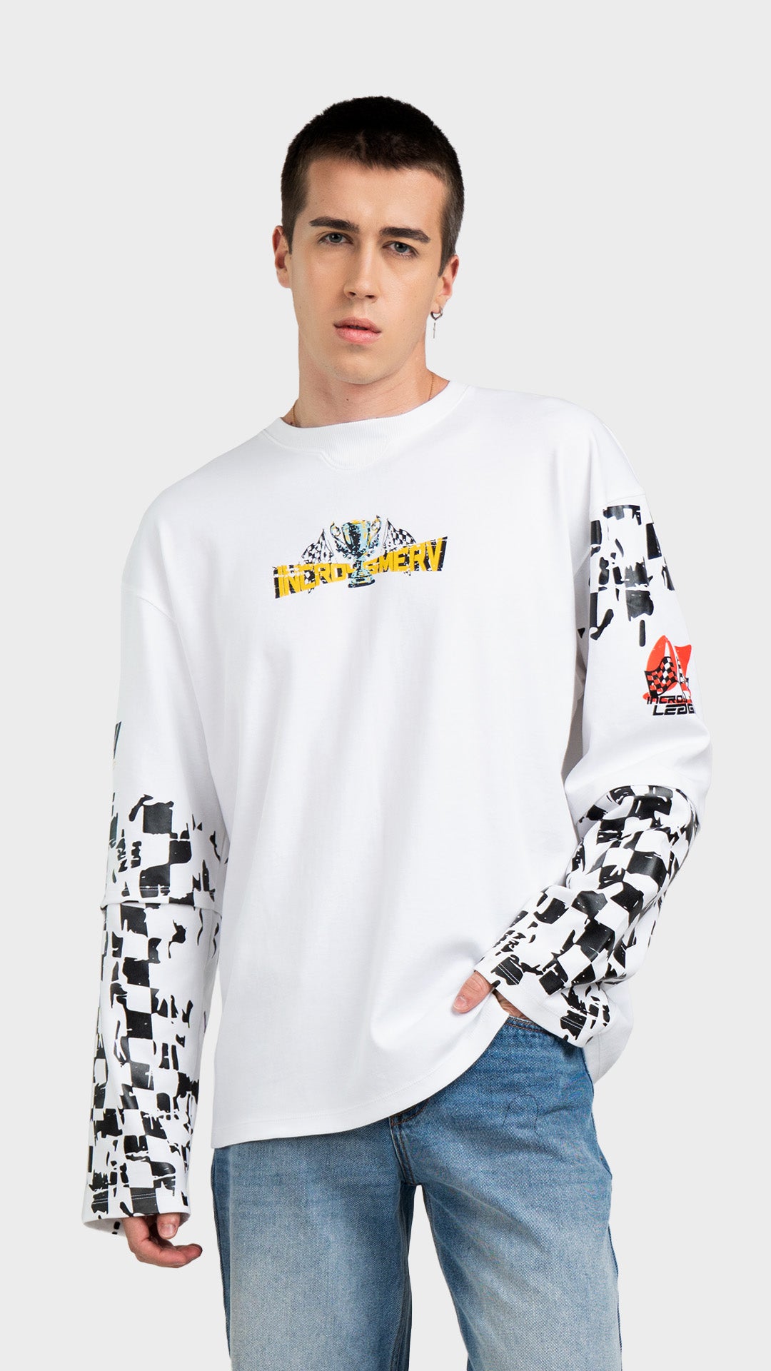 Mens white double sleeve graphic tee. Incroy & Merv mediumweight summer streetwear t-shirt with a lightweight feel and layered checkered sleeves.