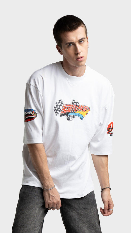 Front view of men's white oversized t-shirt with a vintage racing graphic.