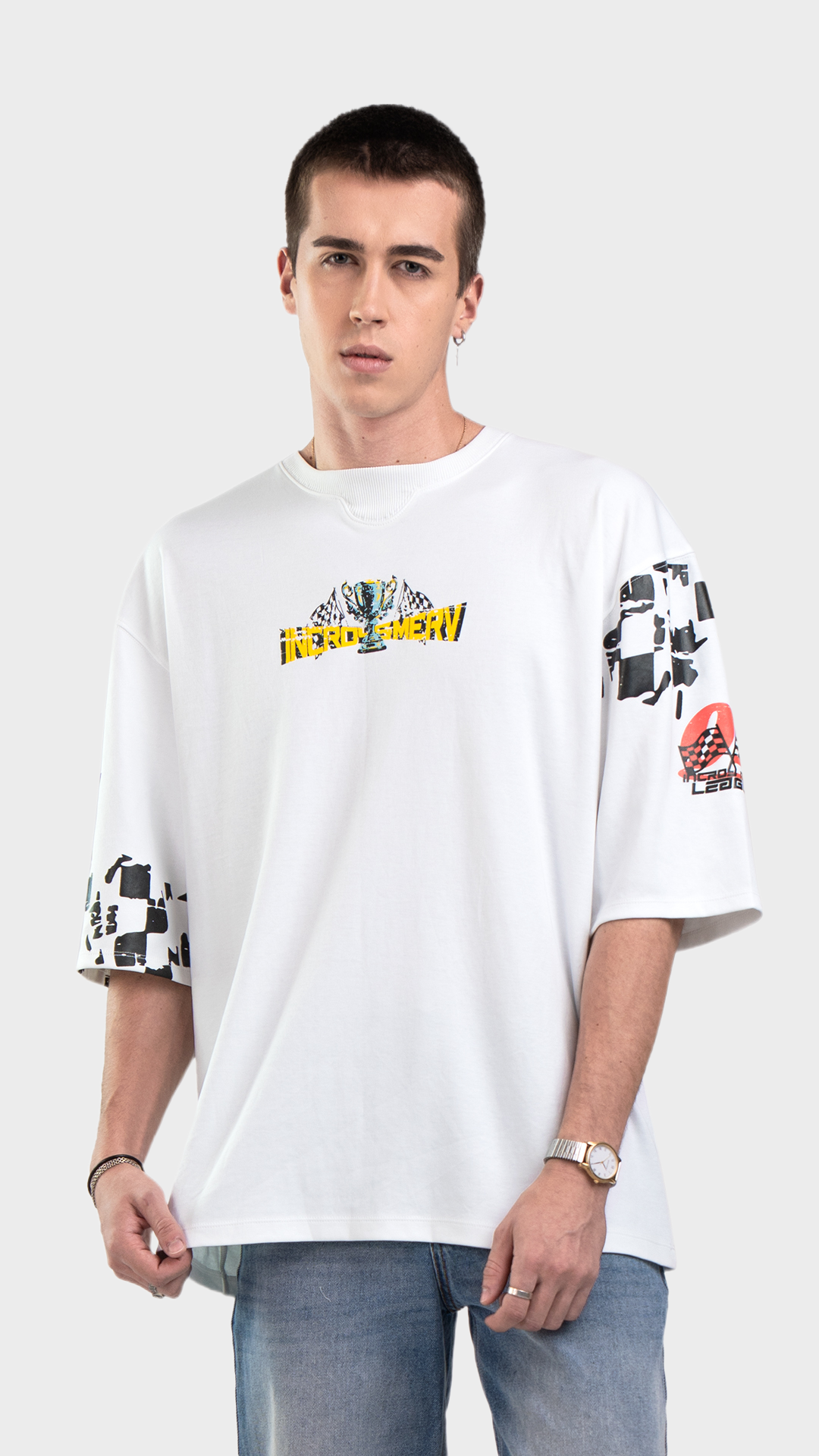Mens white oversized graphic tee. Incroy & Merv premium streetwear 
t-shirt with custom chest logo detail.