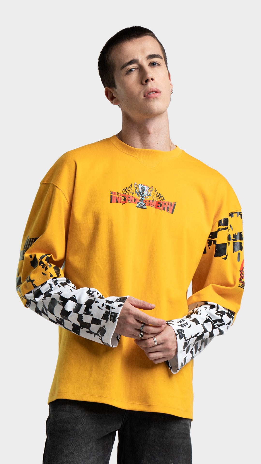 Mens yellow double sleeve graphic tee. Incroy & Merv mediumweight summer streetwear shirt with a lightweight feel and layered checkered sleeves.