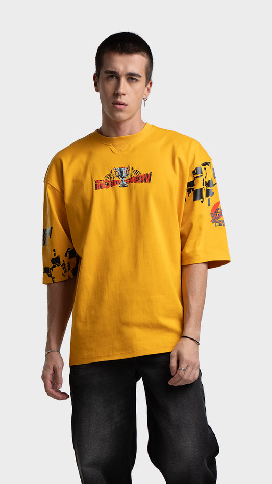 Mens yellow oversized graphic tee. Incroy & Merv premium streetwear t-shirt with chest logo detail.