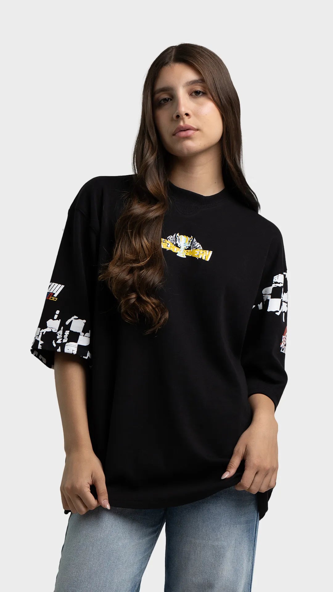 Oversized graphic t-shirt by Incroy Merv. Black streetwear t-shirt with checkered sleeves and chest logo.