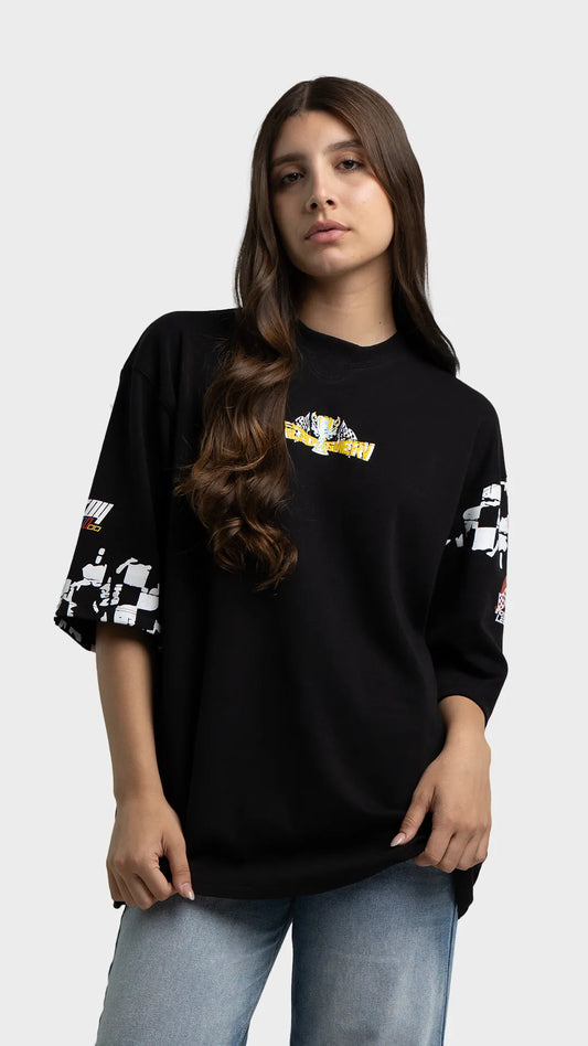 Oversized graphic t-shirt by Incroy Merv. Black streetwear t-shirt with checkered sleeves and chest logo.