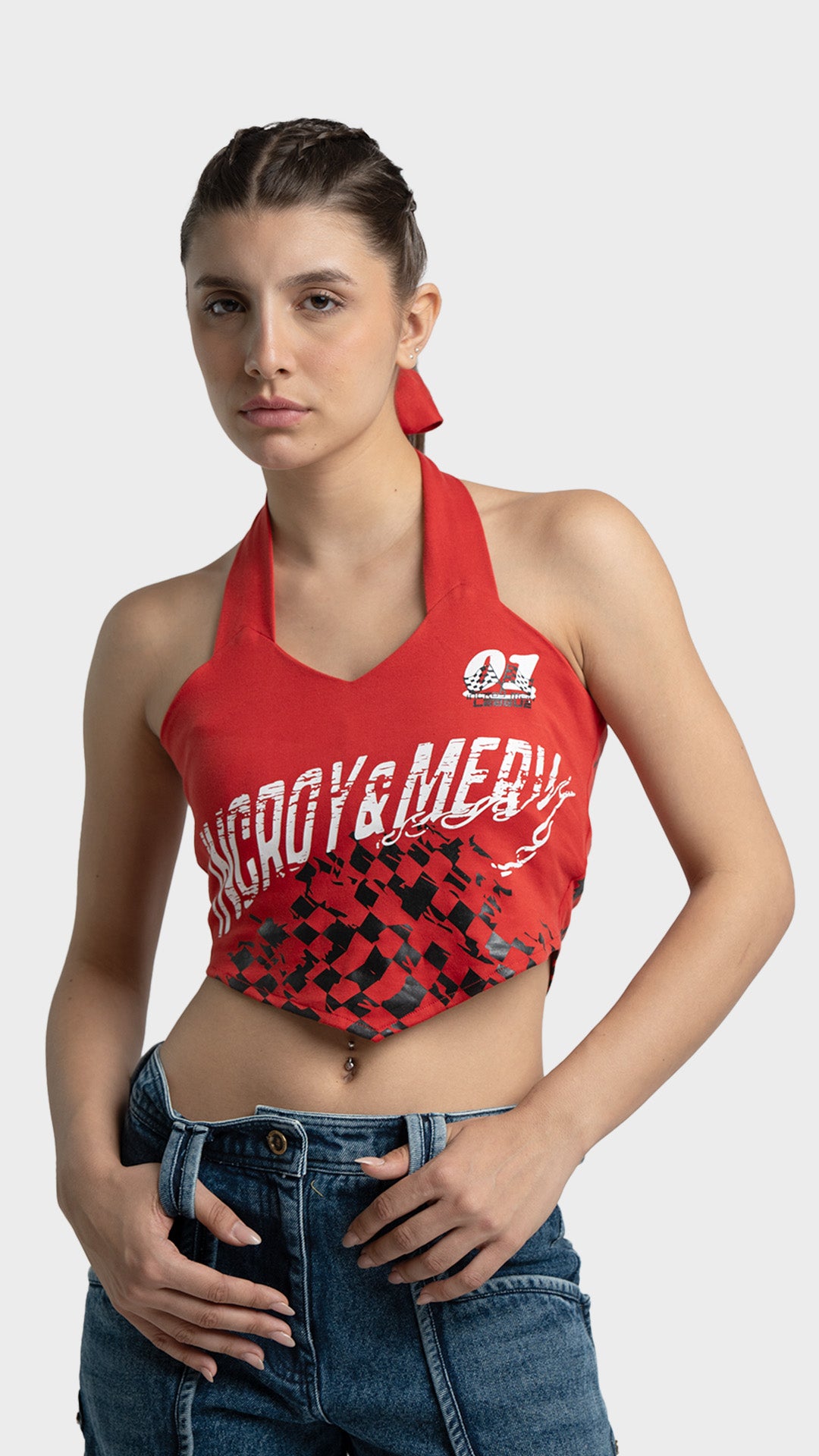 Red graphic halter crop top featuring a white moto racer print and black checkered handkerchief hem