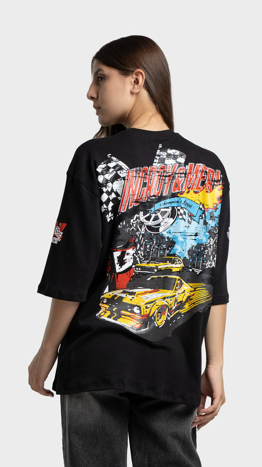 Back view of a black t-shirt featuring a large yellow vintage racing car graphic.
