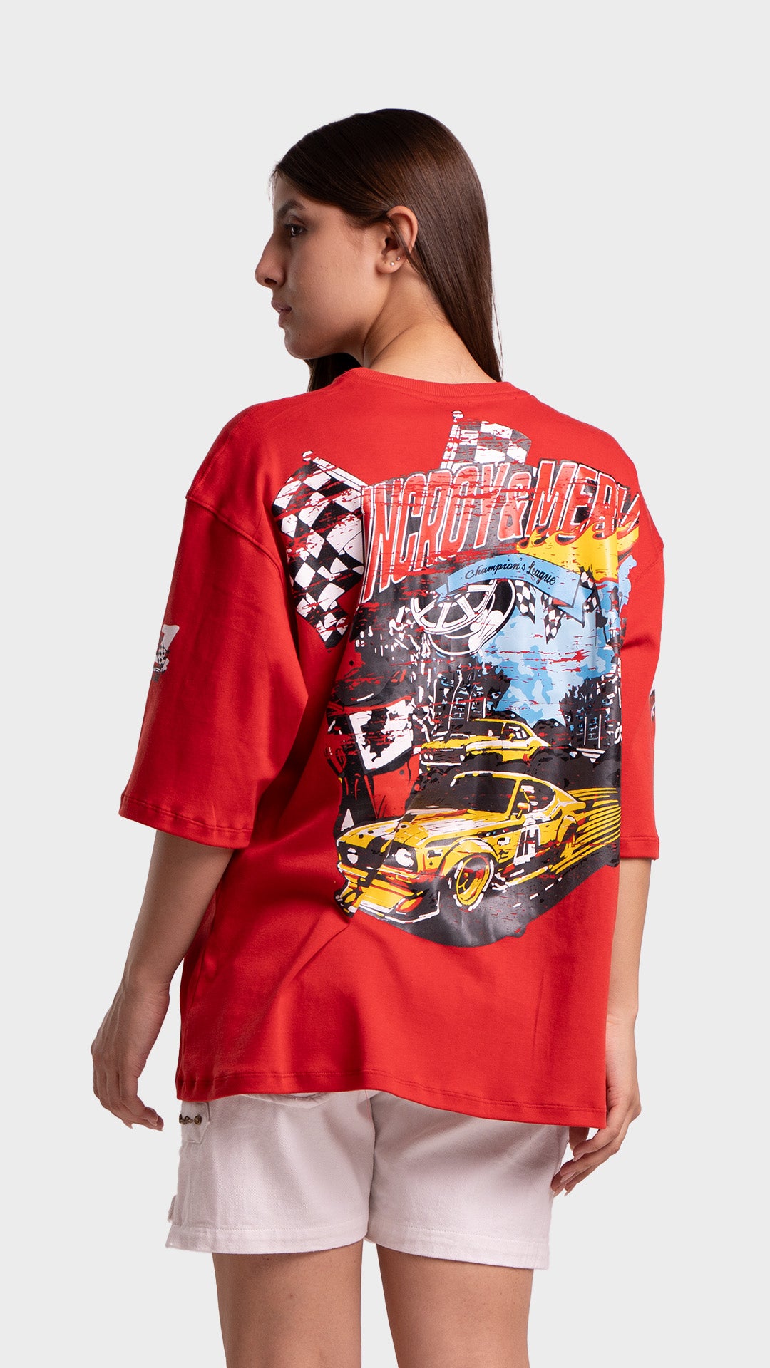 Back view of a red t-shirt featuring a large yellow vintage racing car graphic. 