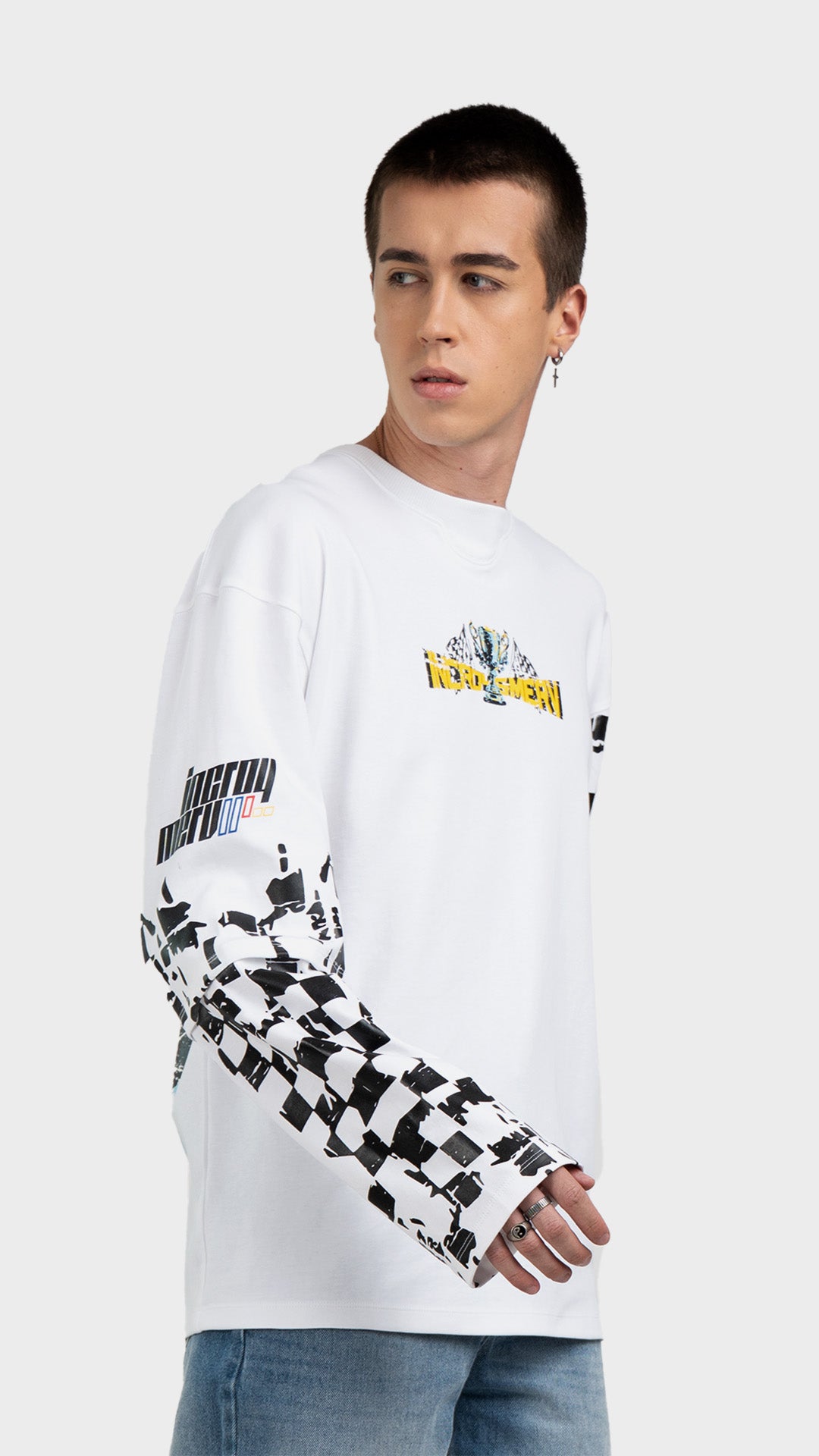 White layered streetwear shirt with checkered sleeves. Incroy & Merv relaxed fit mediumweight summer tee showing detailed racing graphics on the arm.