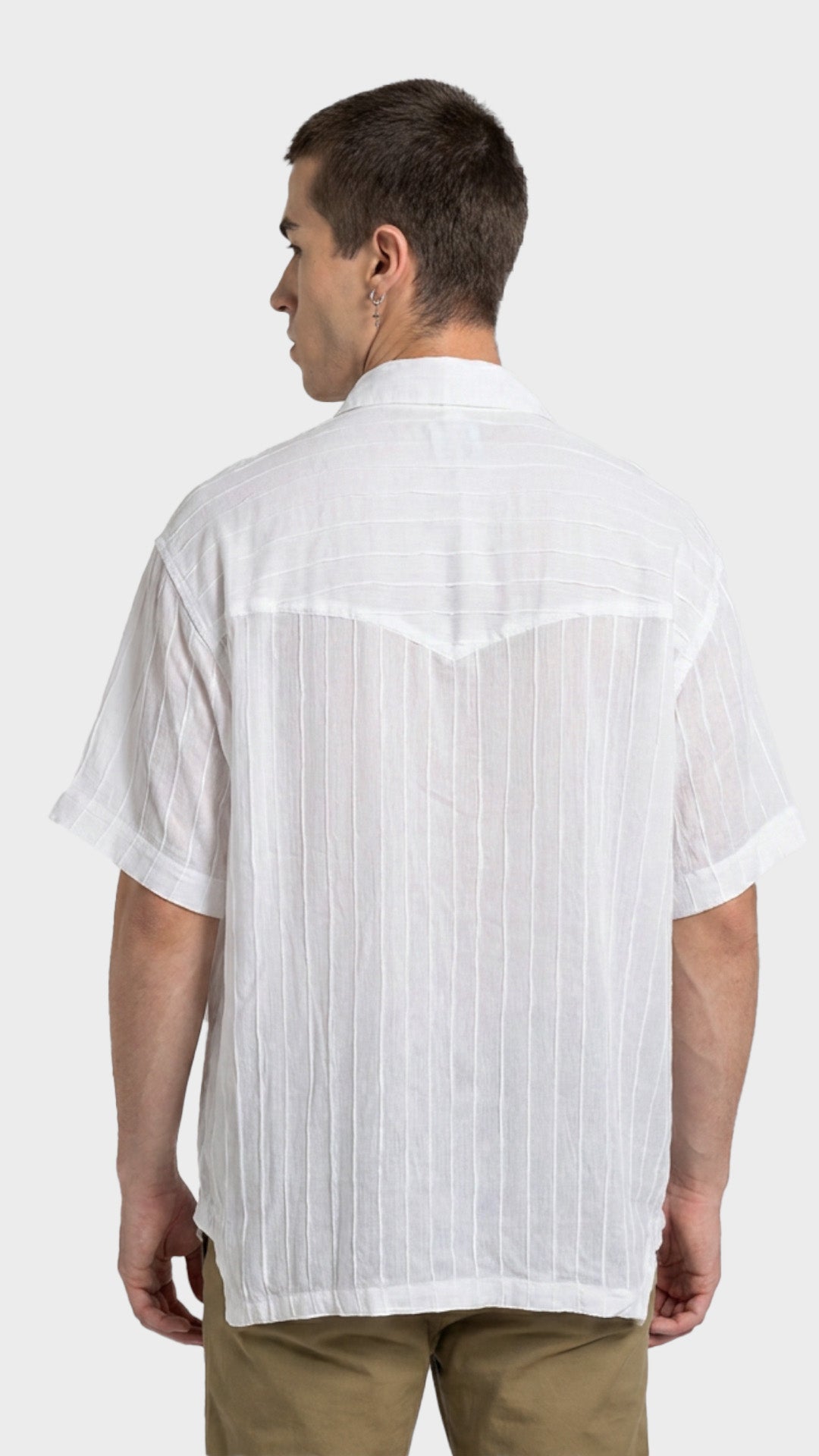 Back view of a men's relaxed-fit short sleeve white rayon crepe shirt.