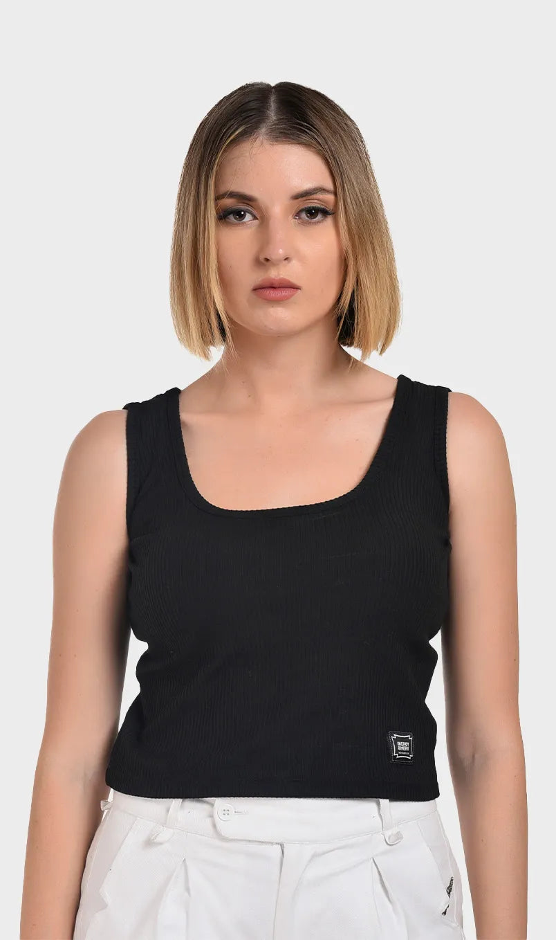 Front view of a women's black ribbed tank top made from Parker fabric with a scoop neckline.