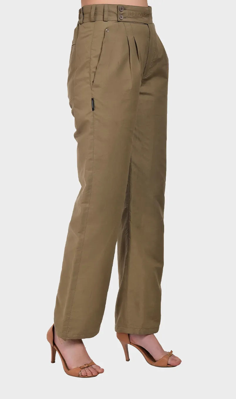 Side view of women's tailored khaki cotton Oxford trousers showing the extended tab waistband and side pocket detail.