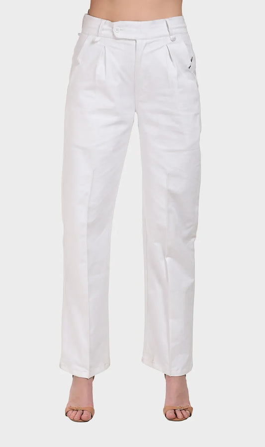 Direct front view of women's white high-waisted trousers in structured cotton Oxford fabric with front pleats.