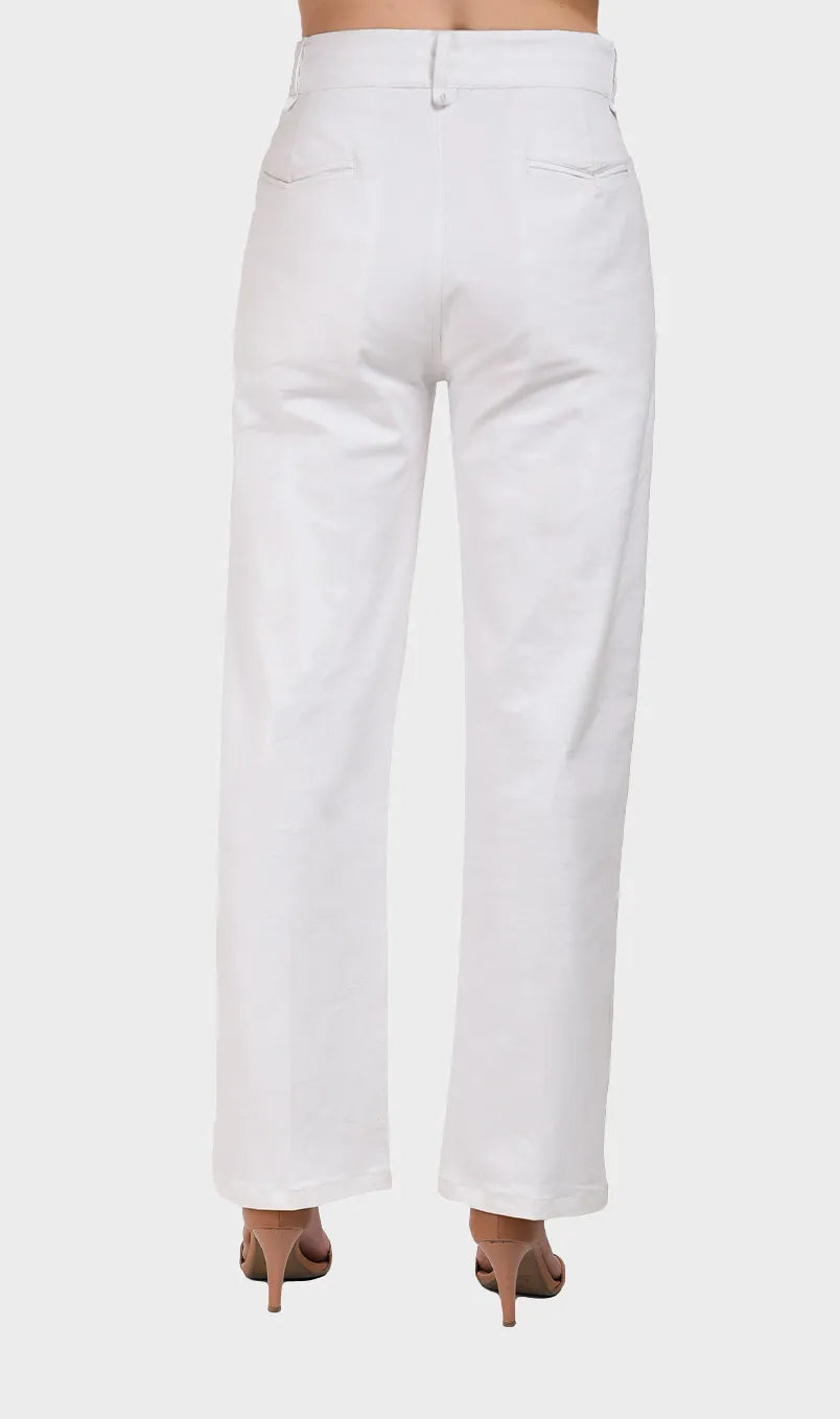 Direct back view showing the straight-leg drape and rear yoke detailing of women's white cotton Oxford trousers.
