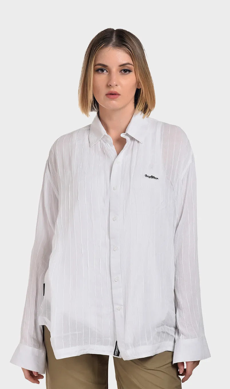 Front view of a women's white long-sleeve button-down shirt made from lightweight, textured rayon crepe fabric with subtle vertical stripes.