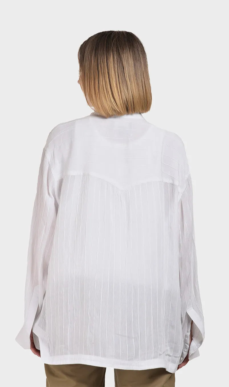 Direct back view showcasing the relaxed fit and sheer texture of a women's long-sleeve white rayon crepe shirt.