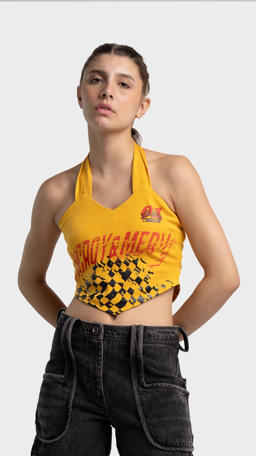 Yellow halter neck crop top with checkered print and racing graphic for women.