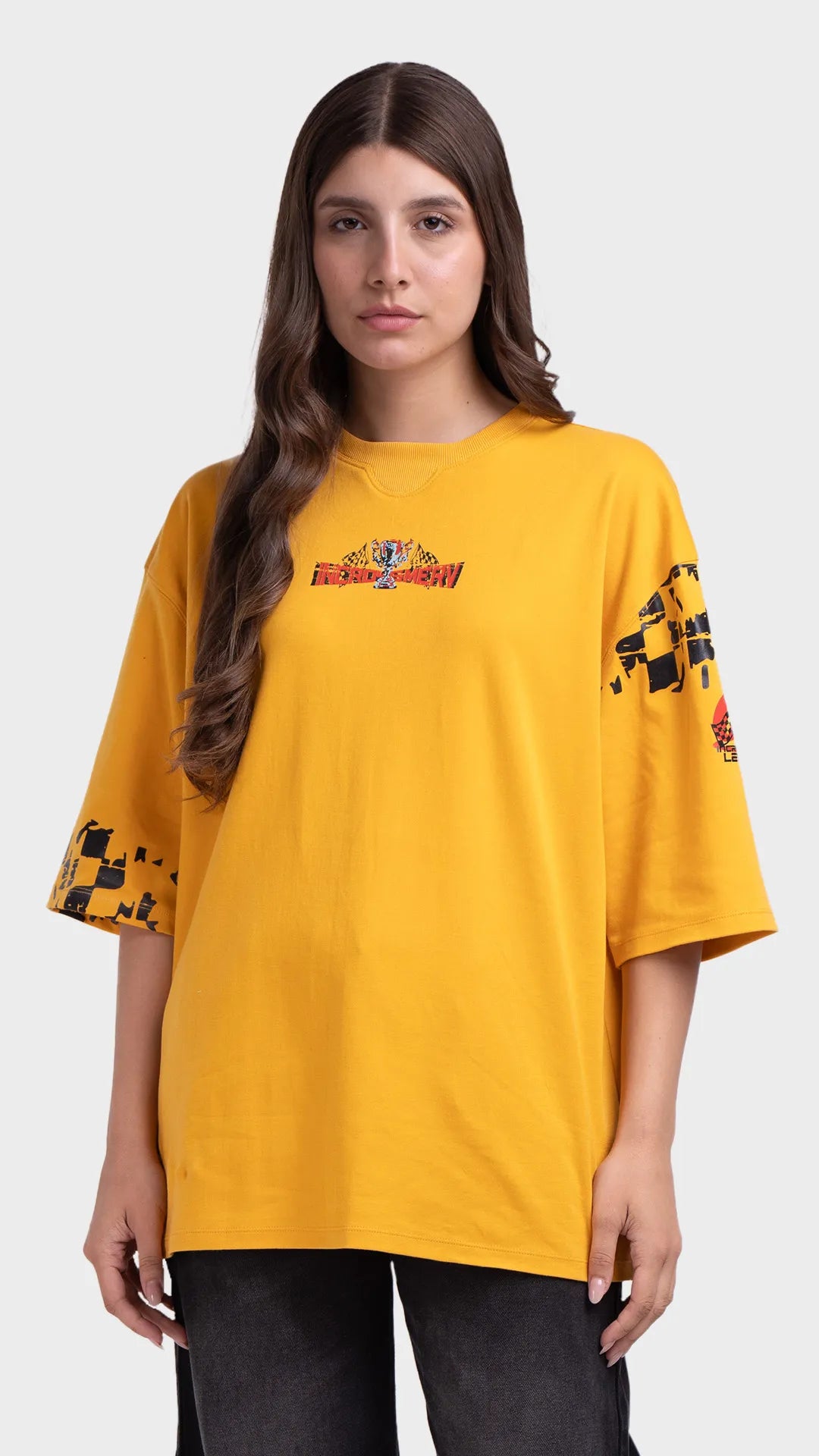 Yellow oversized graphic t-shirt. Incroy Merv premium streetwear t-shirt with checkered sleeve details.